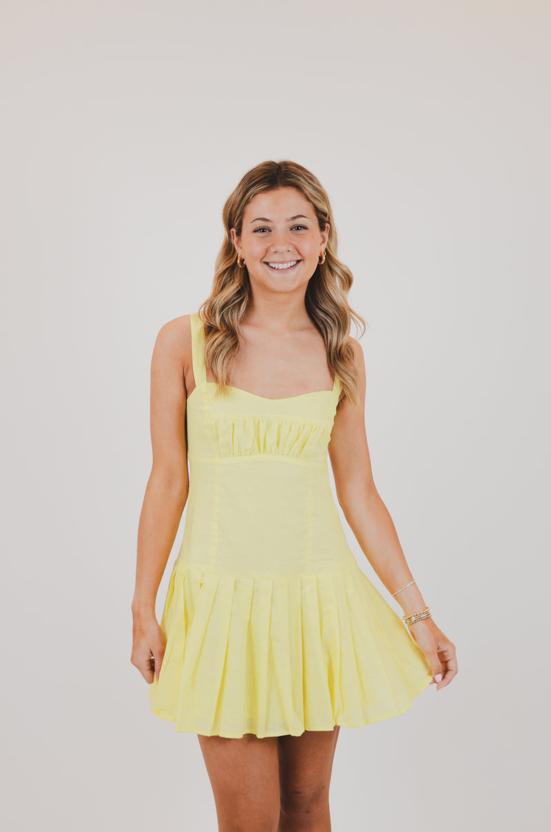 Baby Yellow Open Back Pleated Mini Dress