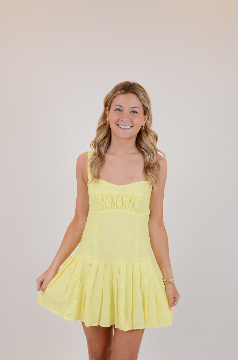 Baby Yellow Open Back Pleated Mini Dress