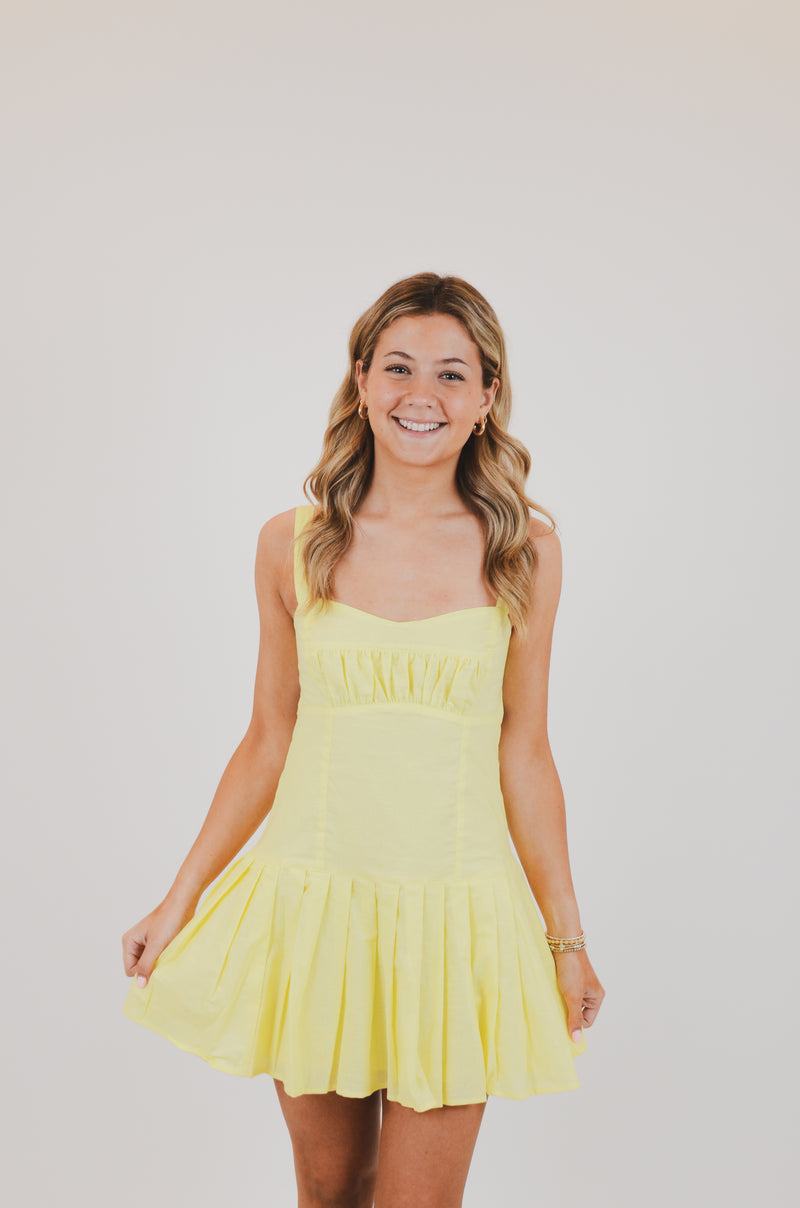 Baby Yellow Open Back Pleated Mini Dress