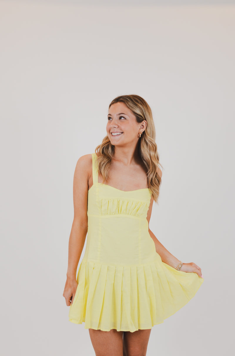 Baby Yellow Open Back Pleated Mini Dress