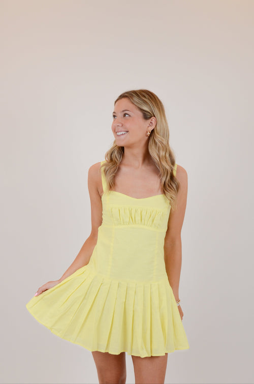 Baby Yellow Open Back Pleated Mini Dress
