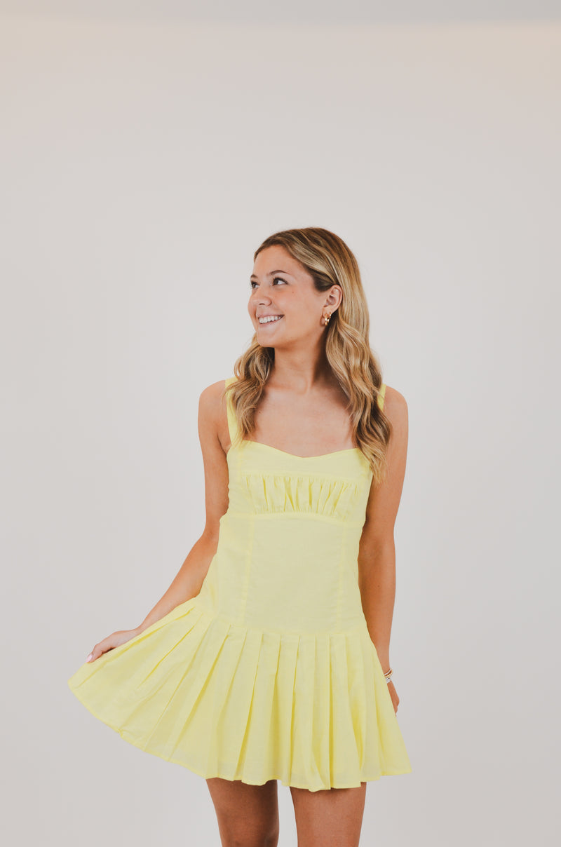 Baby Yellow Open Back Pleated Mini Dress