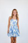 Blue Floral V-Shape Mini Dress with Belt