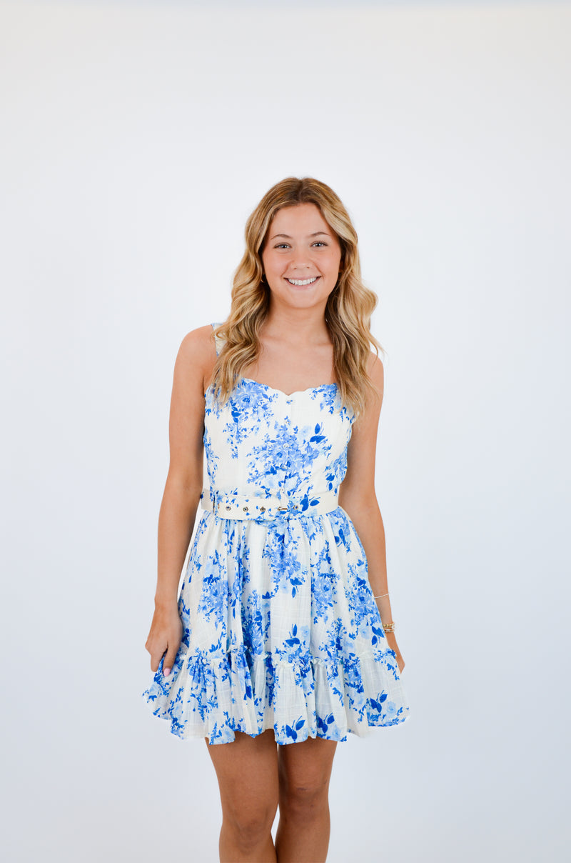 Blue Floral V-Shape Mini Dress with Belt