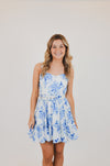 Blue Floral V-Shape Mini Dress with Belt