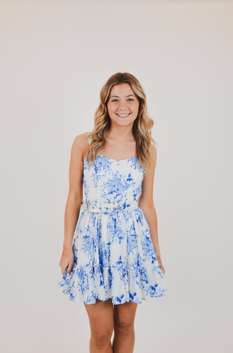 Blue Floral V-Shape Mini Dress with Belt