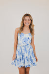Blue Floral V-Shape Mini Dress with Belt
