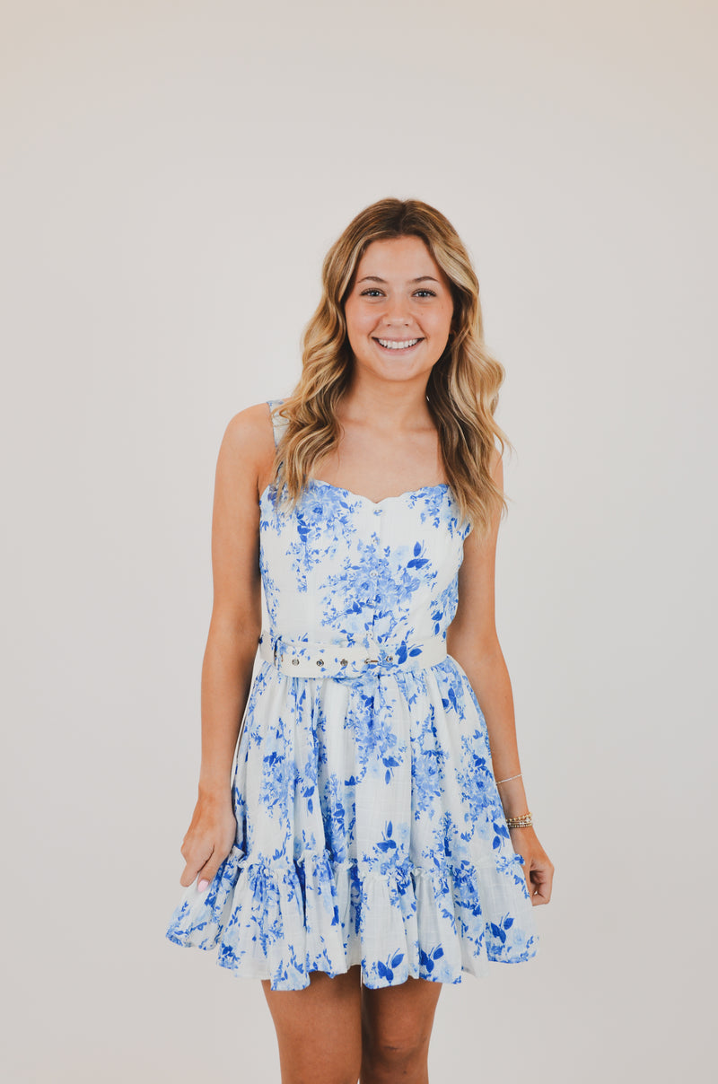 Blue Floral V-Shape Mini Dress with Belt
