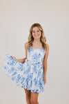 Blue Floral V-Shape Mini Dress with Belt