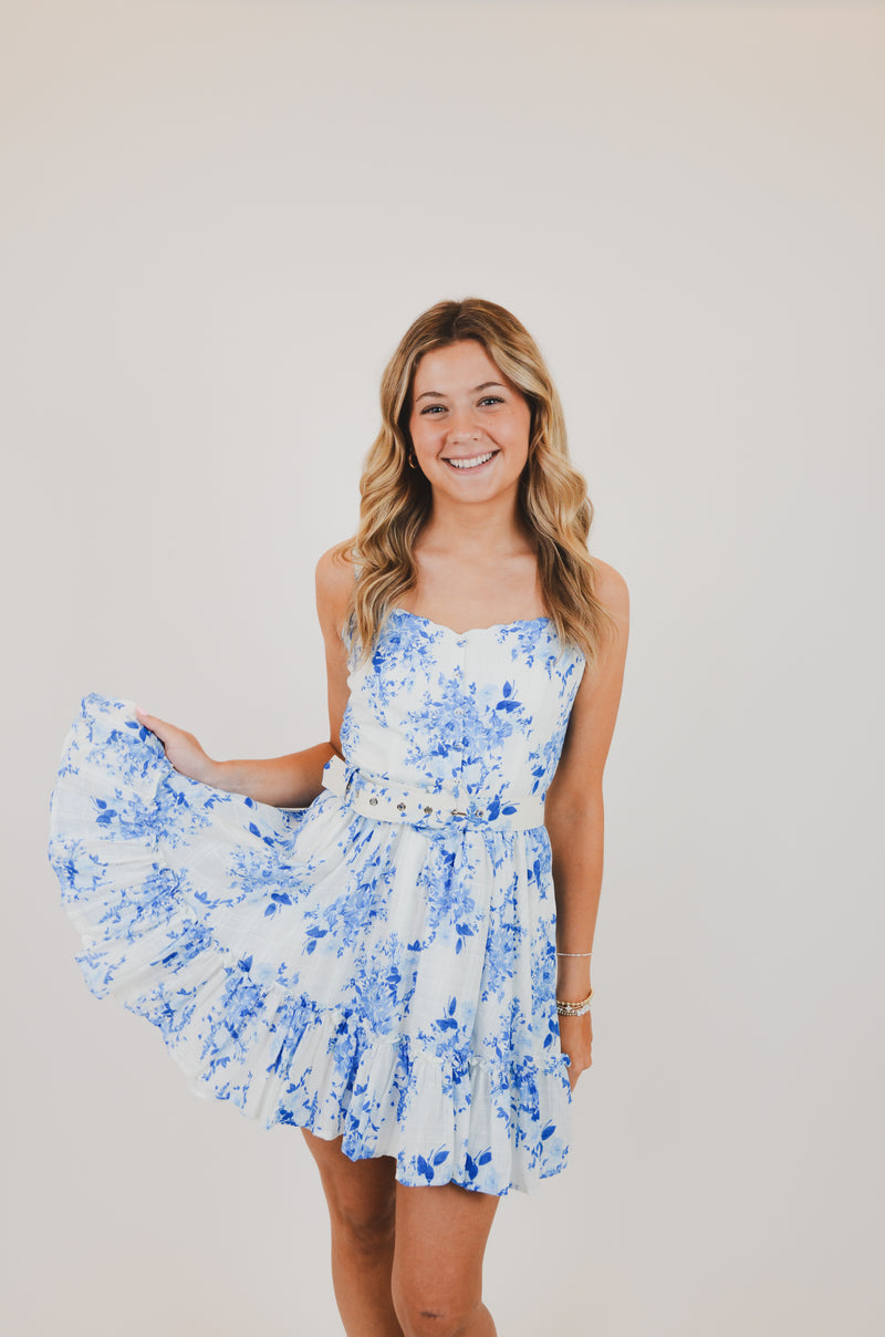 Blue Floral V-Shape Mini Dress with Belt