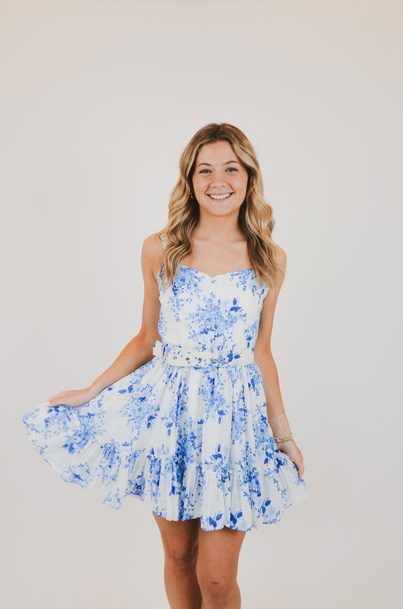 Blue Floral V-Shape Mini Dress with Belt