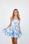 Blue Floral V-Shape Mini Dress with Belt