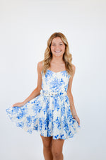 Blue Floral V-Shape Mini Dress with Belt