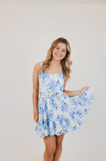 Blue Floral V-Shape Mini Dress with Belt