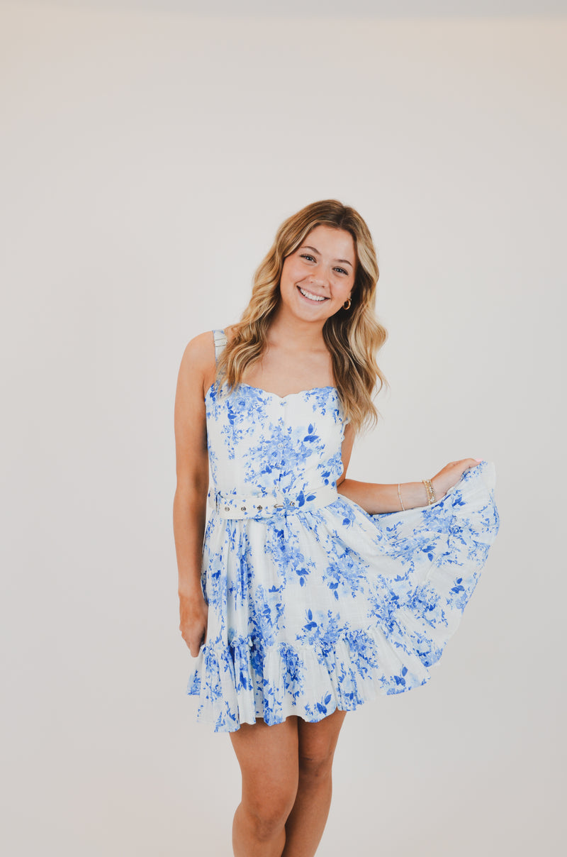 Blue Floral V-Shape Mini Dress with Belt