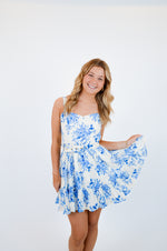 Blue Floral V-Shape Mini Dress with Belt