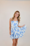 Blue Floral V-Shape Mini Dress with Belt
