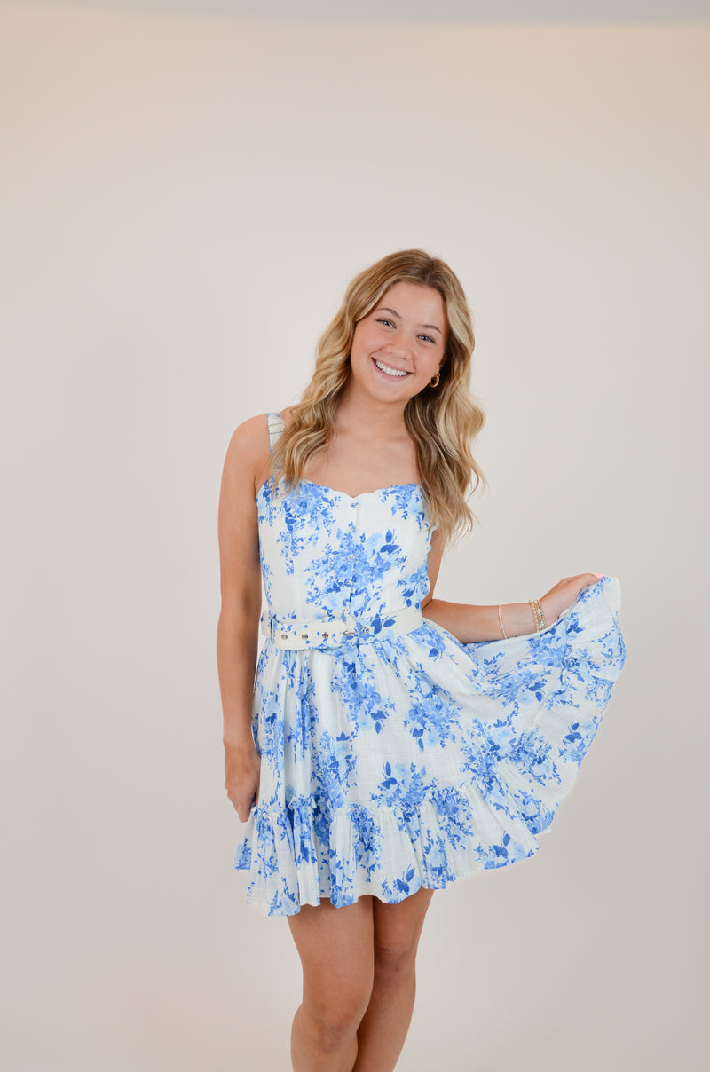 Blue Floral V-Shape Mini Dress with Belt