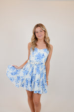 Blue Floral V-Shape Mini Dress with Belt
