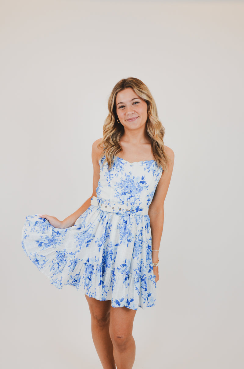 Blue Floral V-Shape Mini Dress with Belt