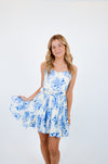 Blue Floral V-Shape Mini Dress with Belt