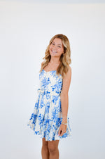 Blue Floral V-Shape Mini Dress with Belt
