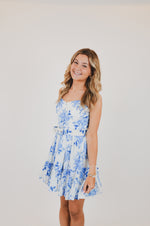 Blue Floral V-Shape Mini Dress with Belt