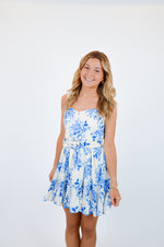 Blue Floral V-Shape Mini Dress with Belt