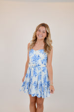 Blue Floral V-Shape Mini Dress with Belt