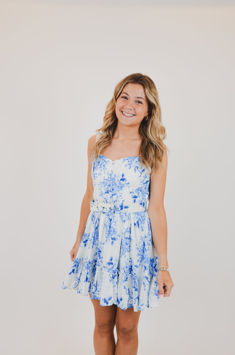 Blue Floral V-Shape Mini Dress with Belt