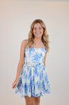 Blue Floral V-Shape Mini Dress with Belt