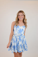 Blue Floral V-Shape Mini Dress with Belt