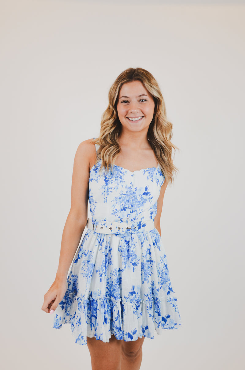 Blue Floral V-Shape Mini Dress with Belt