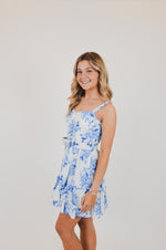 Blue Floral V-Shape Mini Dress with Belt