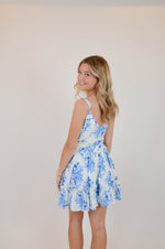 Blue Floral V-Shape Mini Dress with Belt