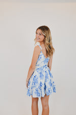 Blue Floral V-Shape Mini Dress with Belt
