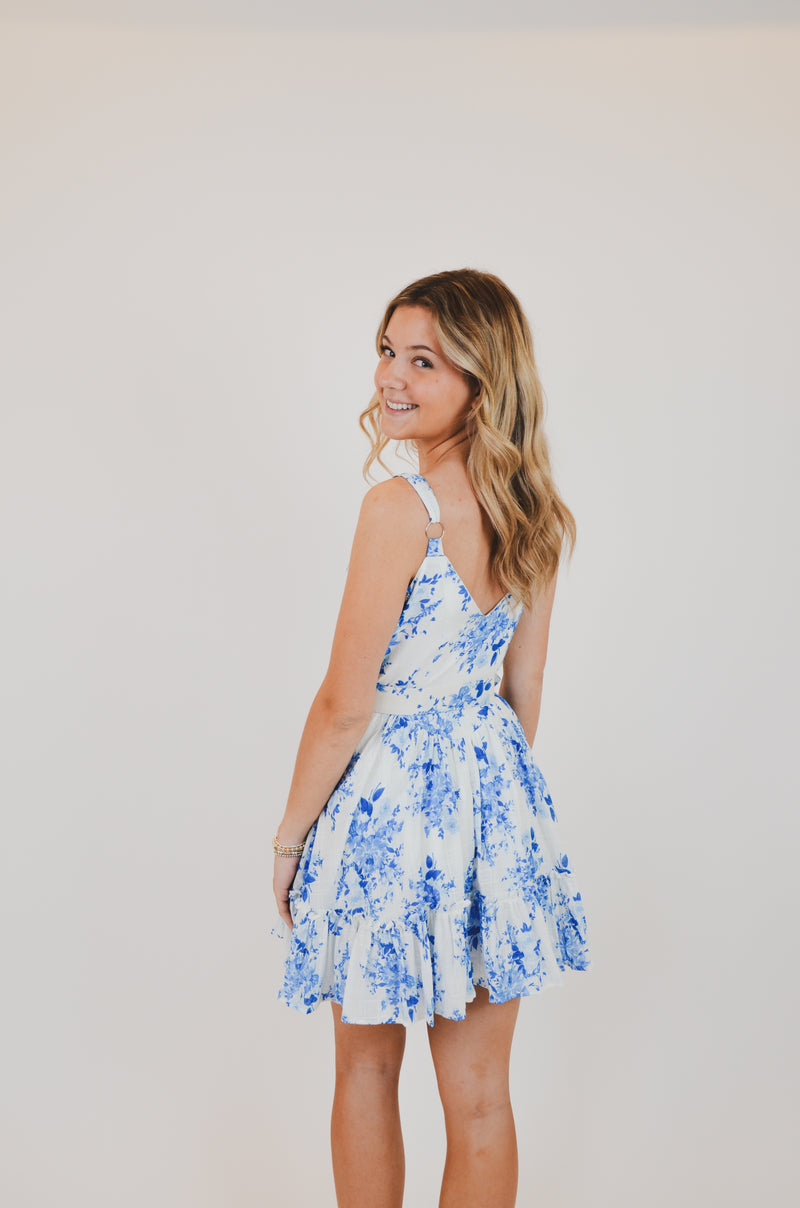 Blue Floral V-Shape Mini Dress with Belt