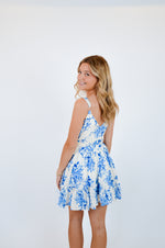 Blue Floral V-Shape Mini Dress with Belt