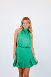 Hammered Satin Flare Halter Dress, Green