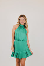 Hammered Satin Flare Halter Dress, Green