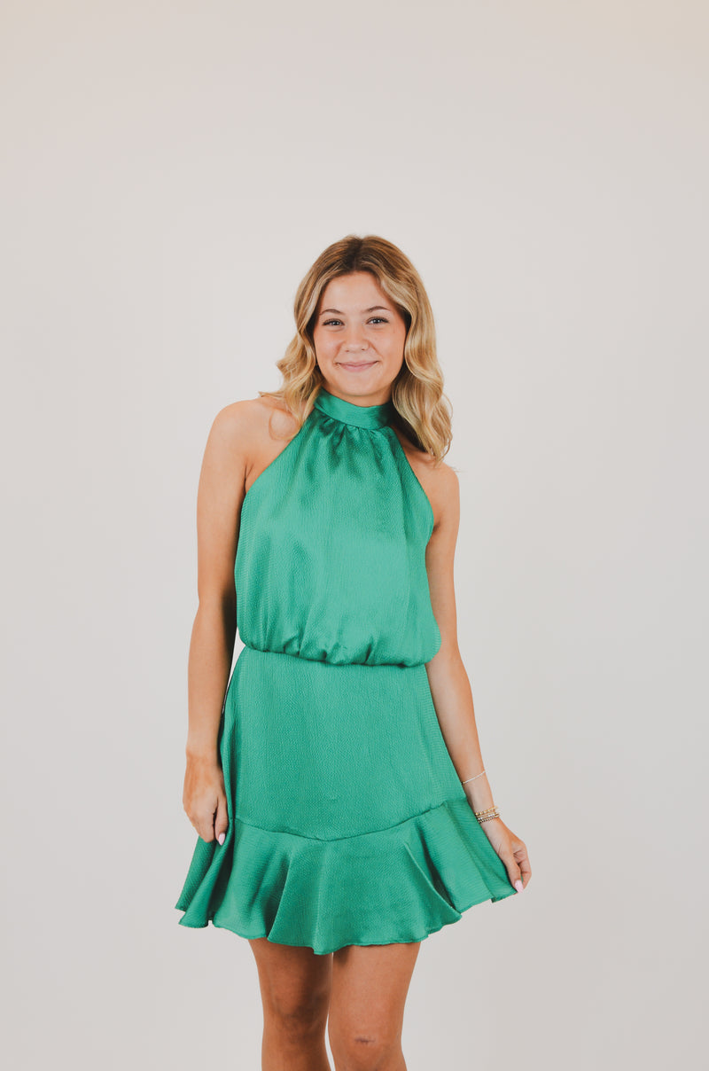 Hammered Satin Flare Halter Dress, Green