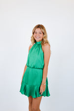 Hammered Satin Flare Halter Dress, Green