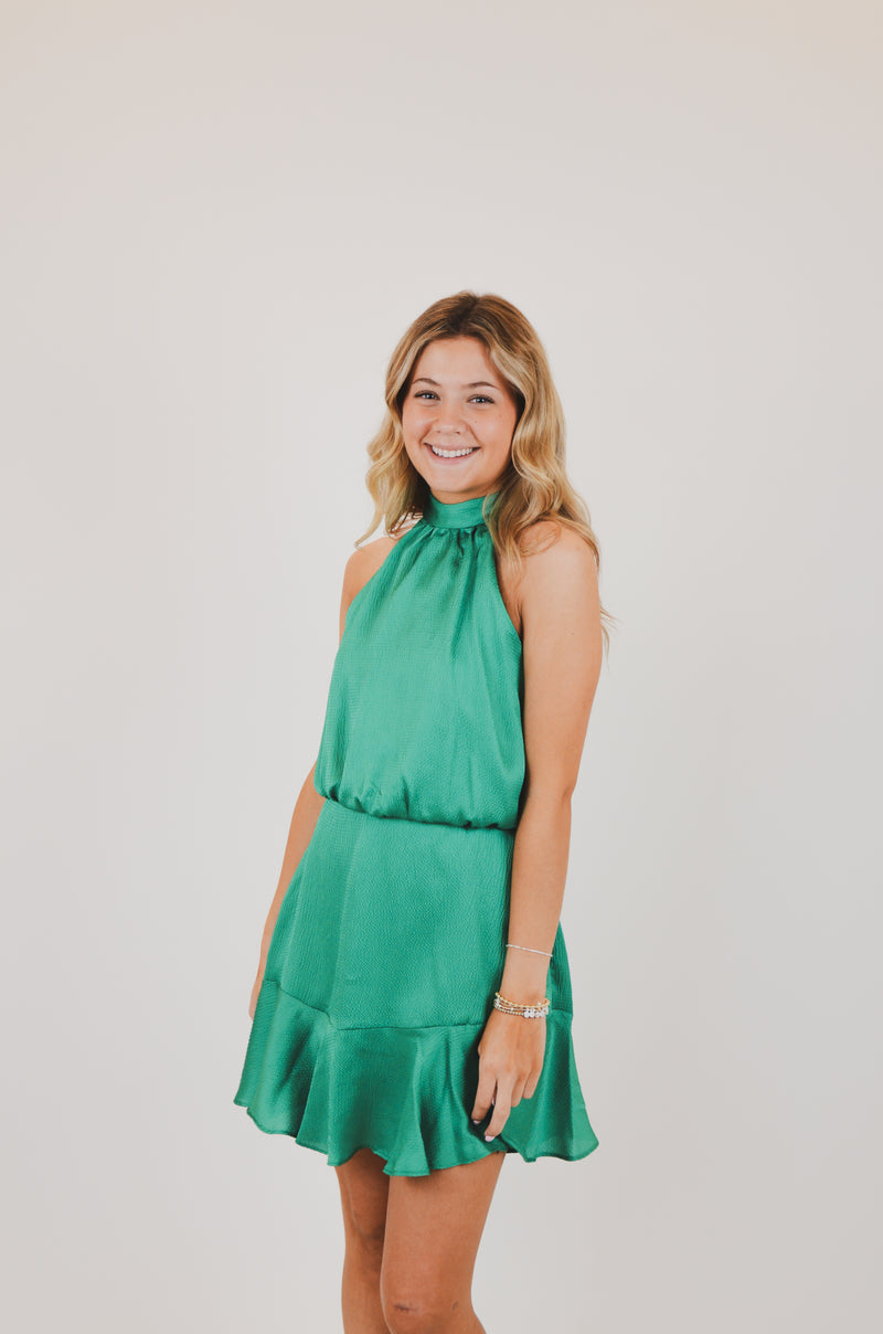 Hammered Satin Flare Halter Dress, Green