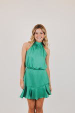Hammered Satin Flare Halter Dress, Green