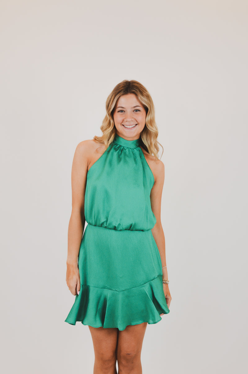 Hammered Satin Flare Halter Dress, Green
