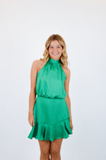 Hammered Satin Flare Halter Dress, Green