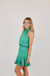 Hammered Satin Flare Halter Dress, Green