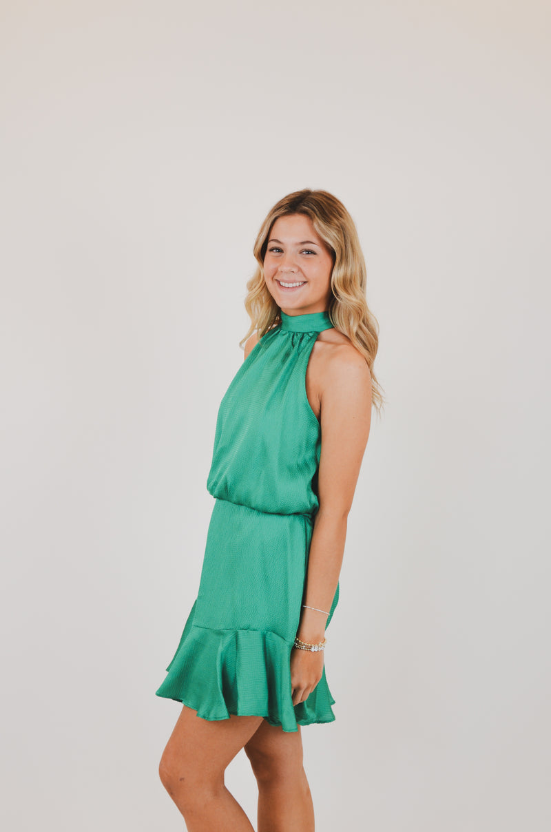 Hammered Satin Flare Halter Dress, Green