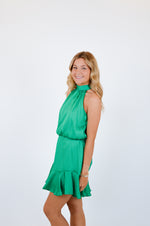 Hammered Satin Flare Halter Dress, Green