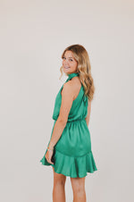 Hammered Satin Flare Halter Dress, Green